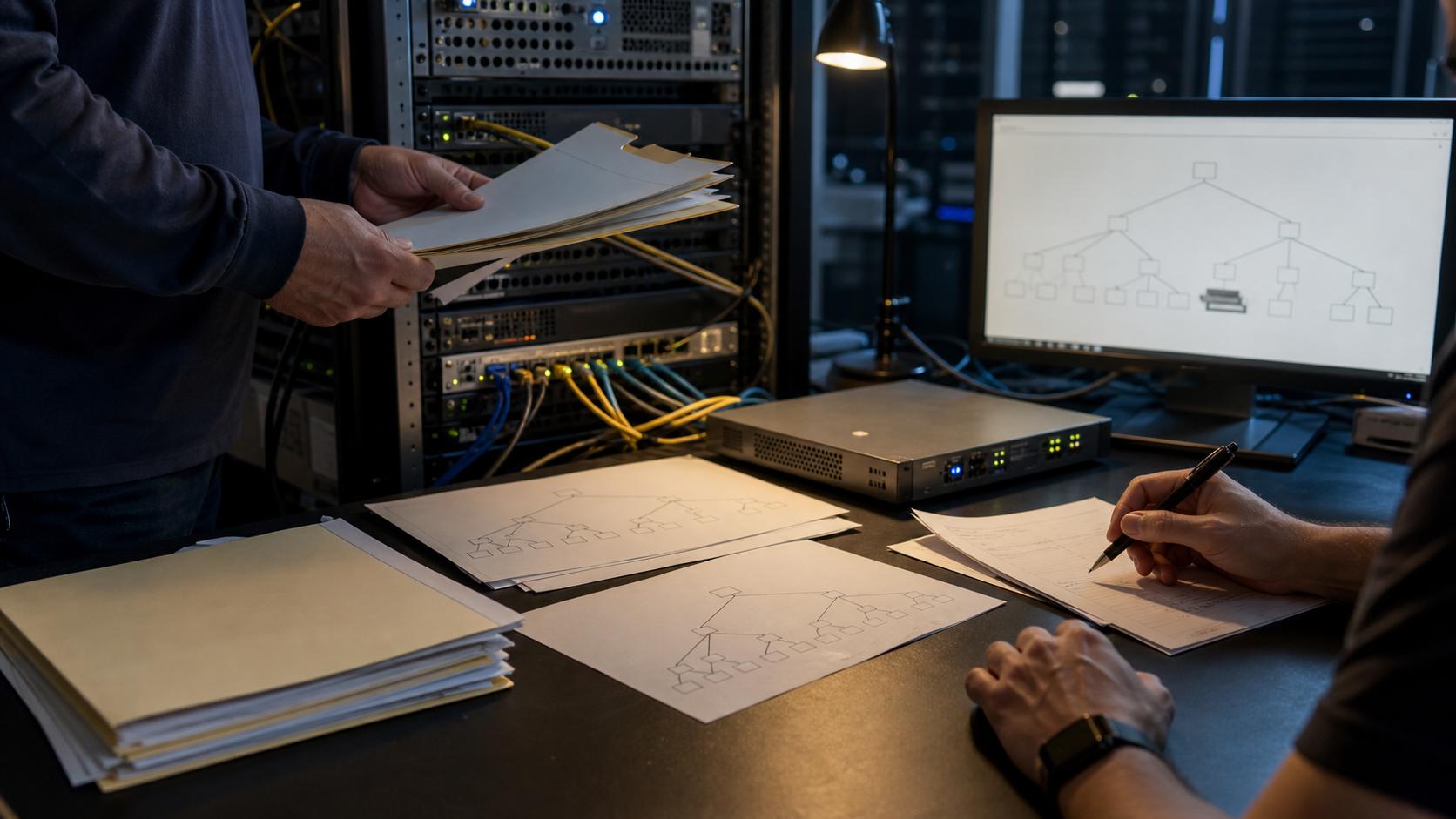 Network operations staff review blank reverse-DNS delegation paperwork beside server racks and DNS equipment.