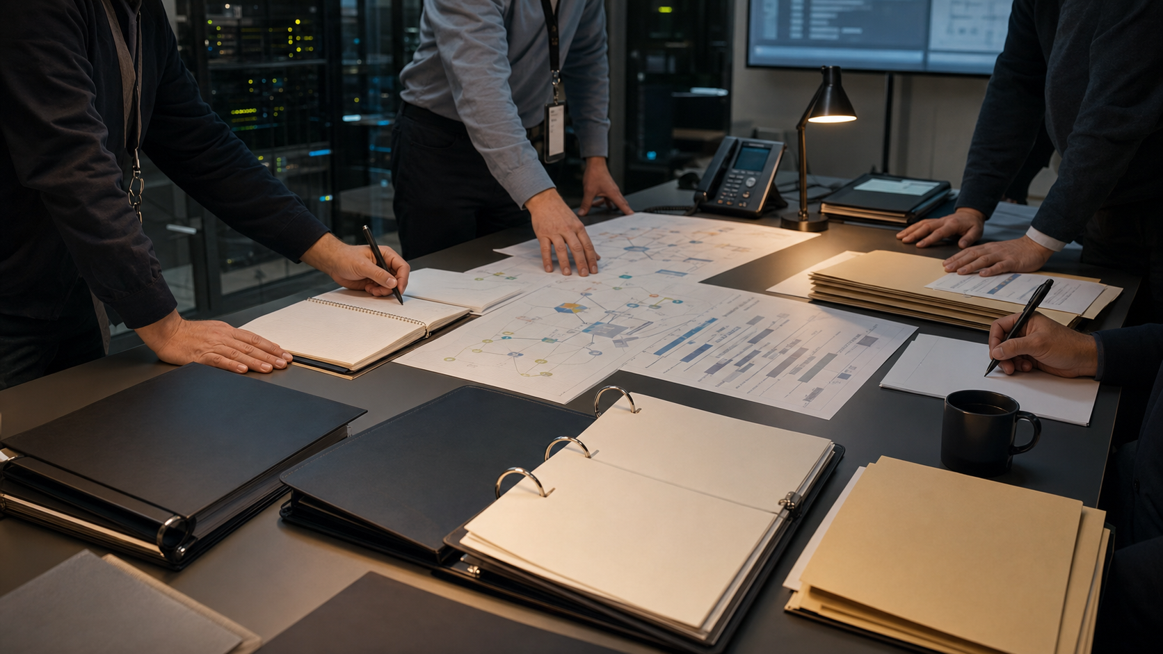 Network operations staff review blank migration folders and service-continuity plans beside server racks.