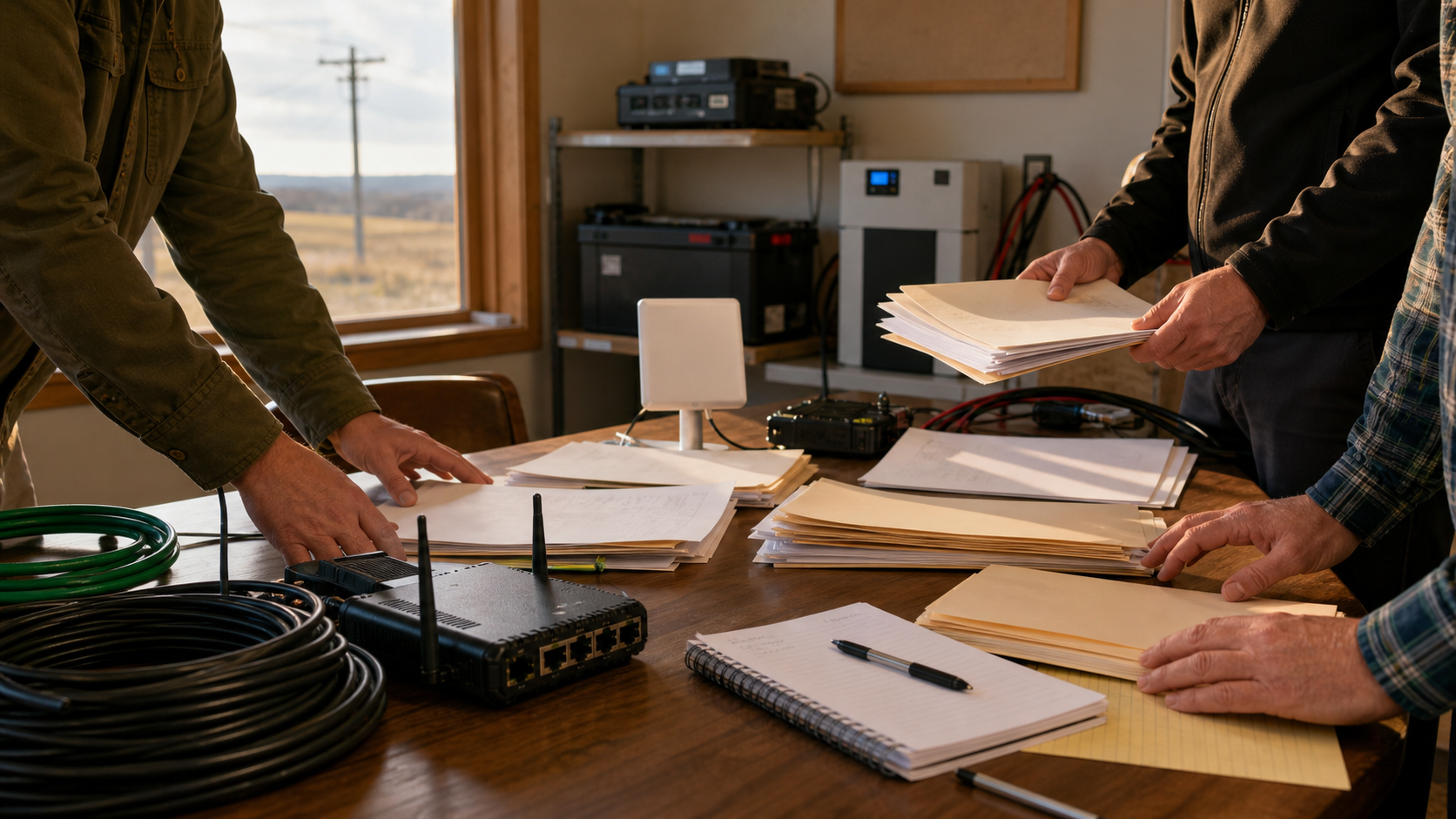 Rural broadband planners review blank deployment folders, network equipment and cable beside a window overlooking a sparse service area.
