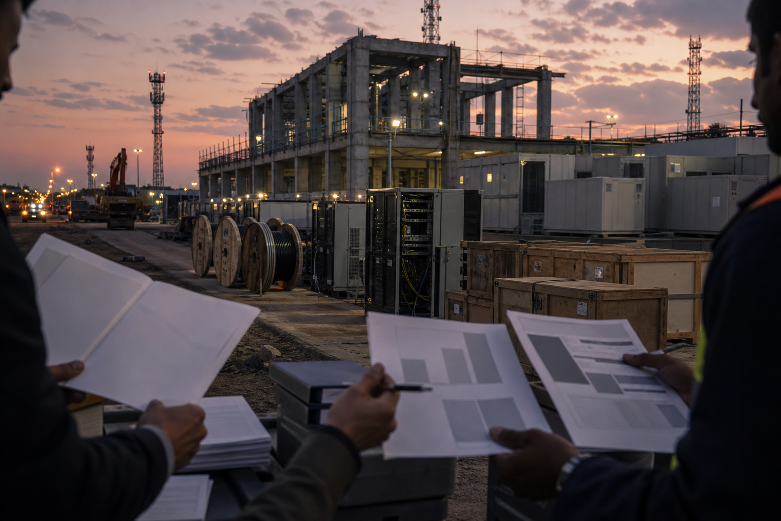 Anonymous planners review blank registry records beside a data-centre construction corridor, fiber spools, mobile towers and edge infrastructure at dusk.