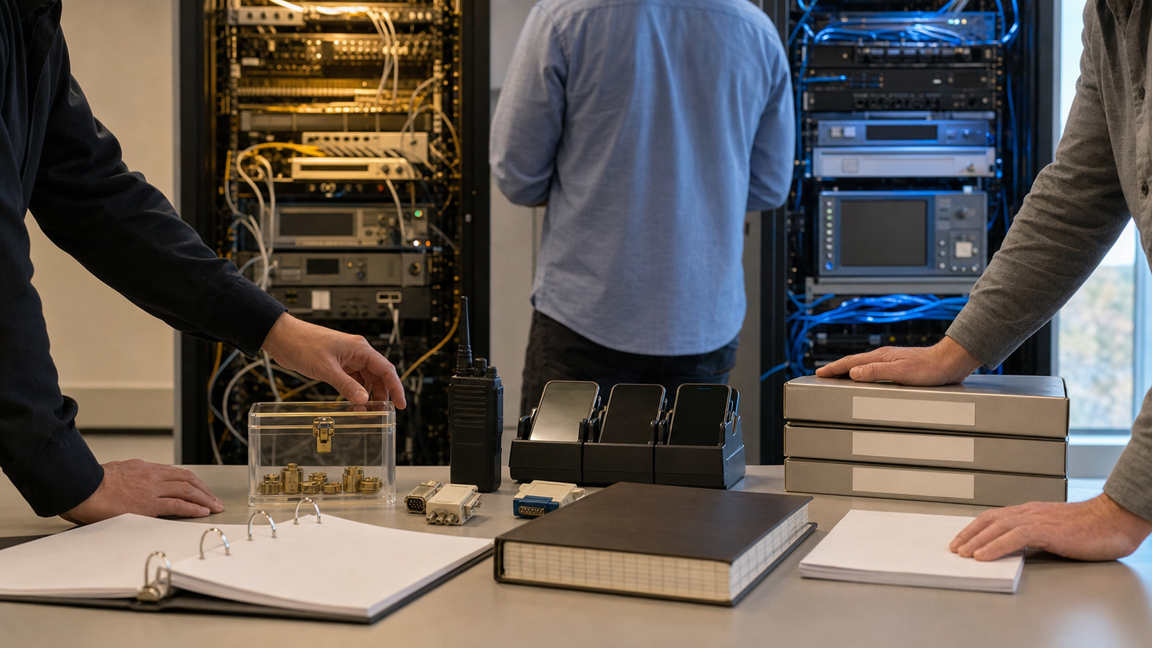 Anonymous planners and engineers review blank procurement materials in a network readiness lab with parallel legacy and modern racks, unbranded mobile devices, sealed vendor appliances, a locked scarcity case, and a closed registry ledger.