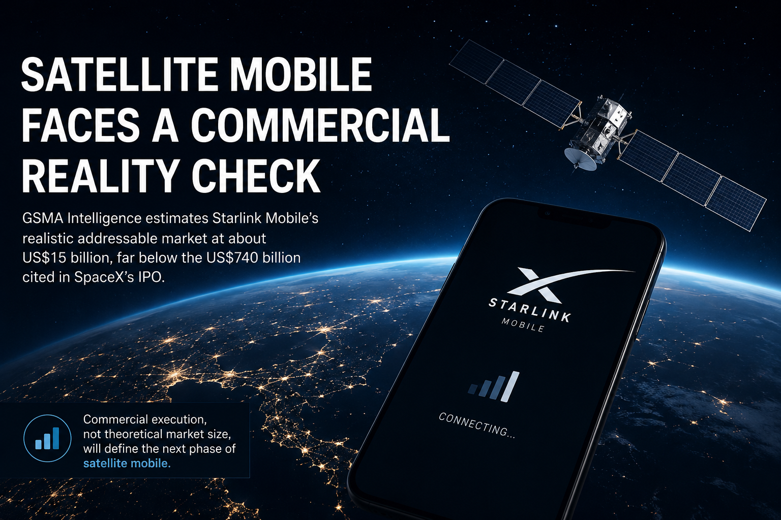 Illustration of a satellite orbiting Earth above a smartphone, representing the commercial outlook for direct-to-device satellite mobile services.