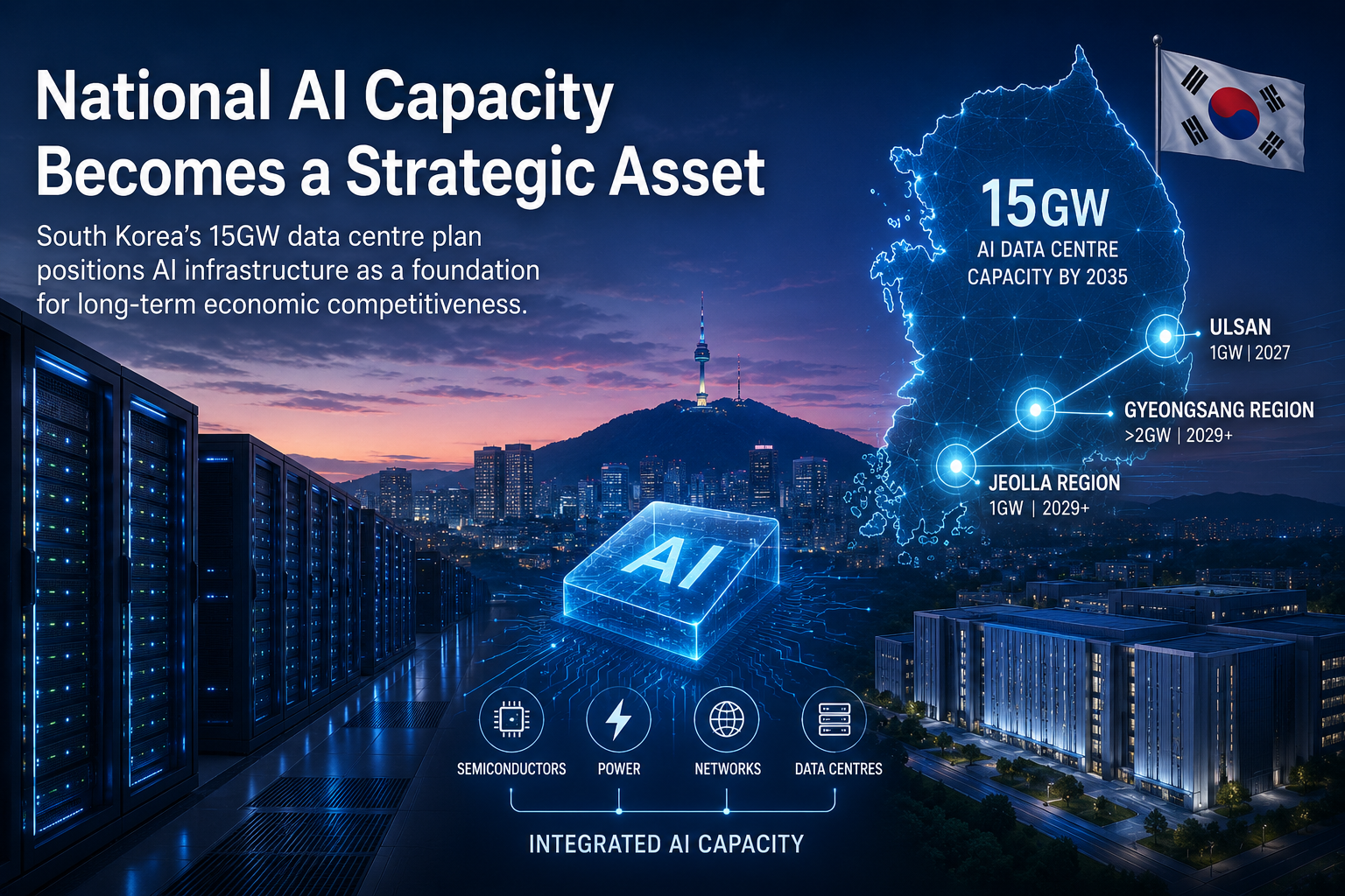Digital illustration of AI data centres integrated with semiconductor, power and network infrastructure, representing South Korea's national AI infrastructure strategy.