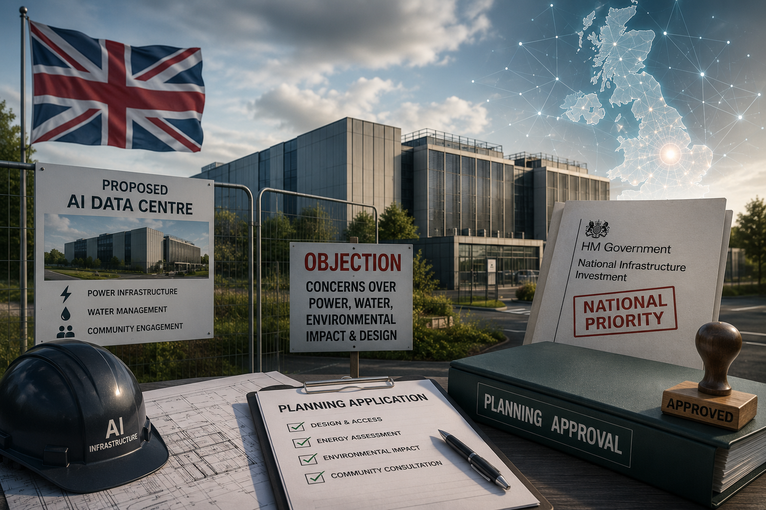 Illustration of a proposed AI data centre alongside planning documents and government approval, representing the growing importance of planning certainty in AI infrastructure development.