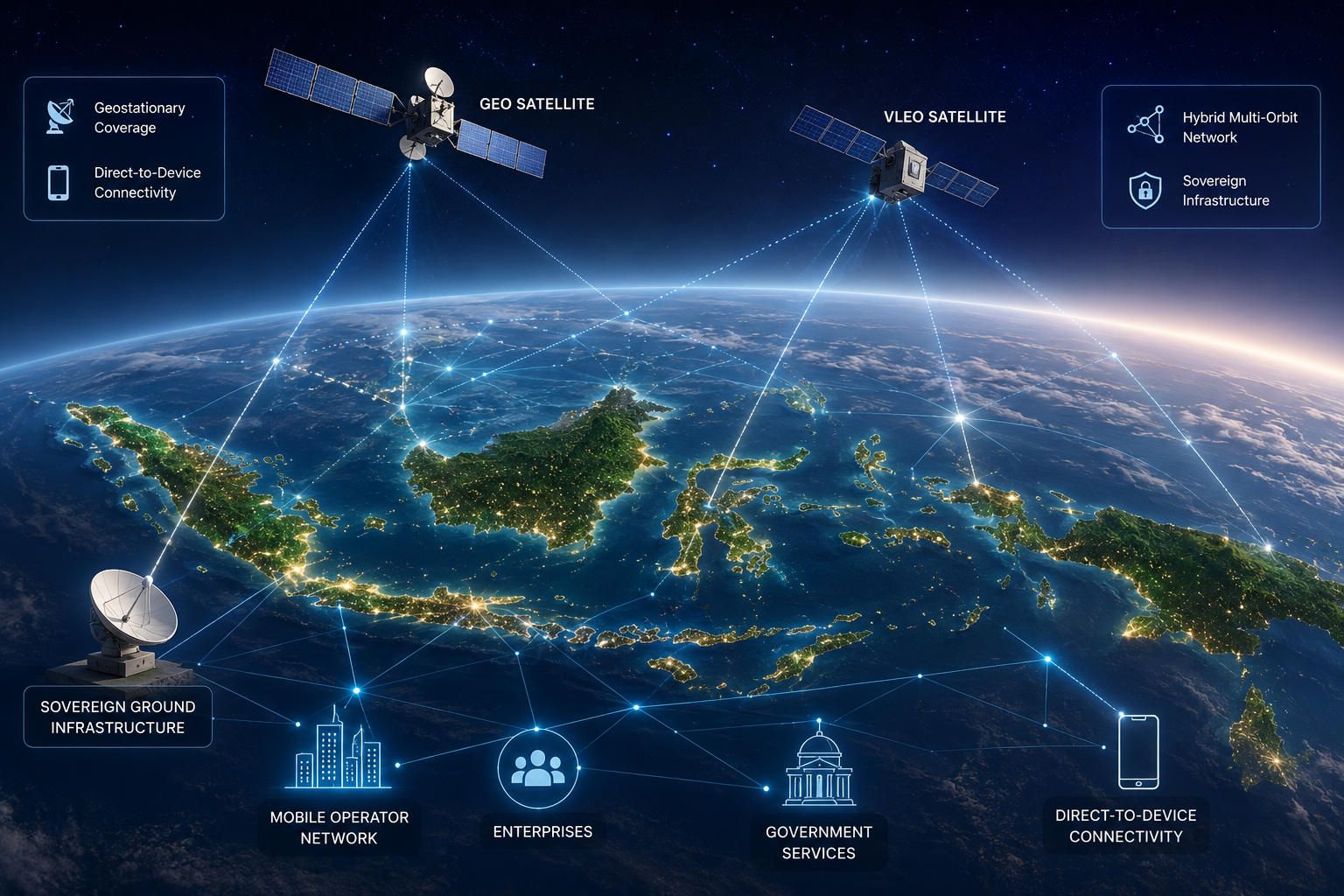 A digital illustration showing hybrid satellite networks connecting Indonesia through geostationary and very low Earth orbit satellites, linking telecom infrastructure across the archipelago.