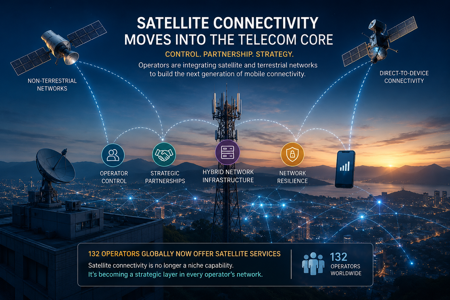 An editorial illustration showing satellites, mobile towers and hybrid telecom networks connected across a digital landscape, representing the integration of satellite connectivity into mainstream mobile infrastructure.