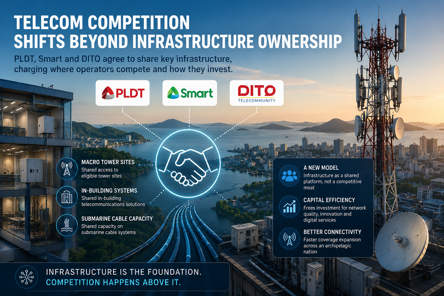 An editorial illustration showing shared telecom towers, submarine cables and mobile network infrastructure across the Philippines, representing infrastructure sharing between competing operators.