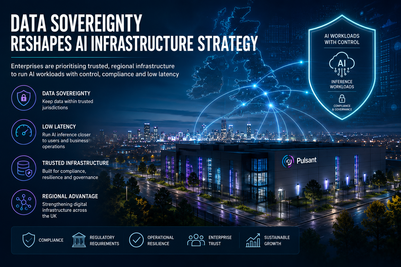 An editorial illustration showing a regional AI-ready data centre connected to enterprises through secure digital infrastructure, representing sovereign AI deployment, trusted infrastructure and low-latency regional connectivity.