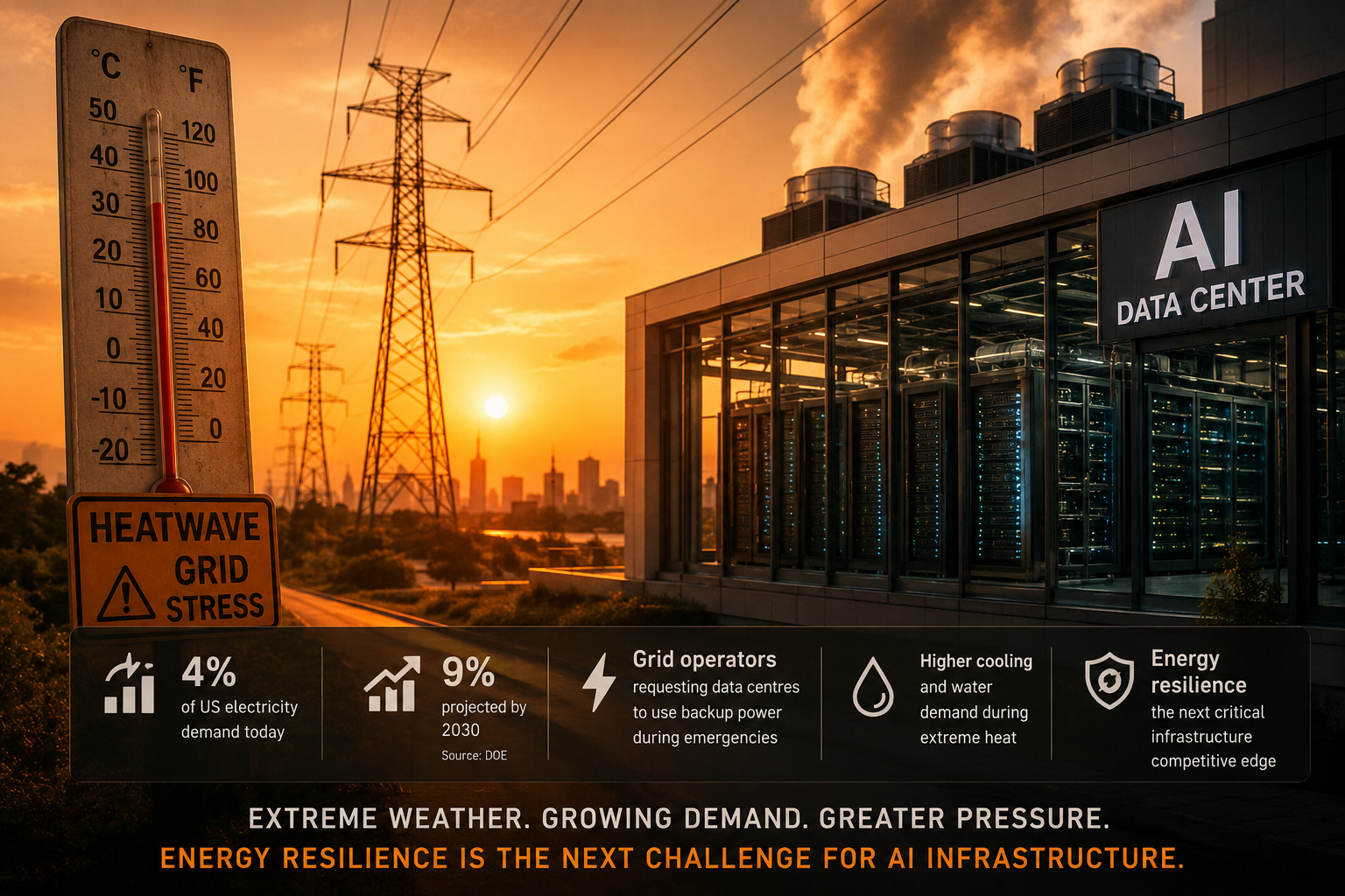 An editorial illustration showing a modern AI data centre operating during an extreme heatwave, with electricity transmission lines, cooling systems and a rising temperature gauge highlighting the growing importance of grid resilience.