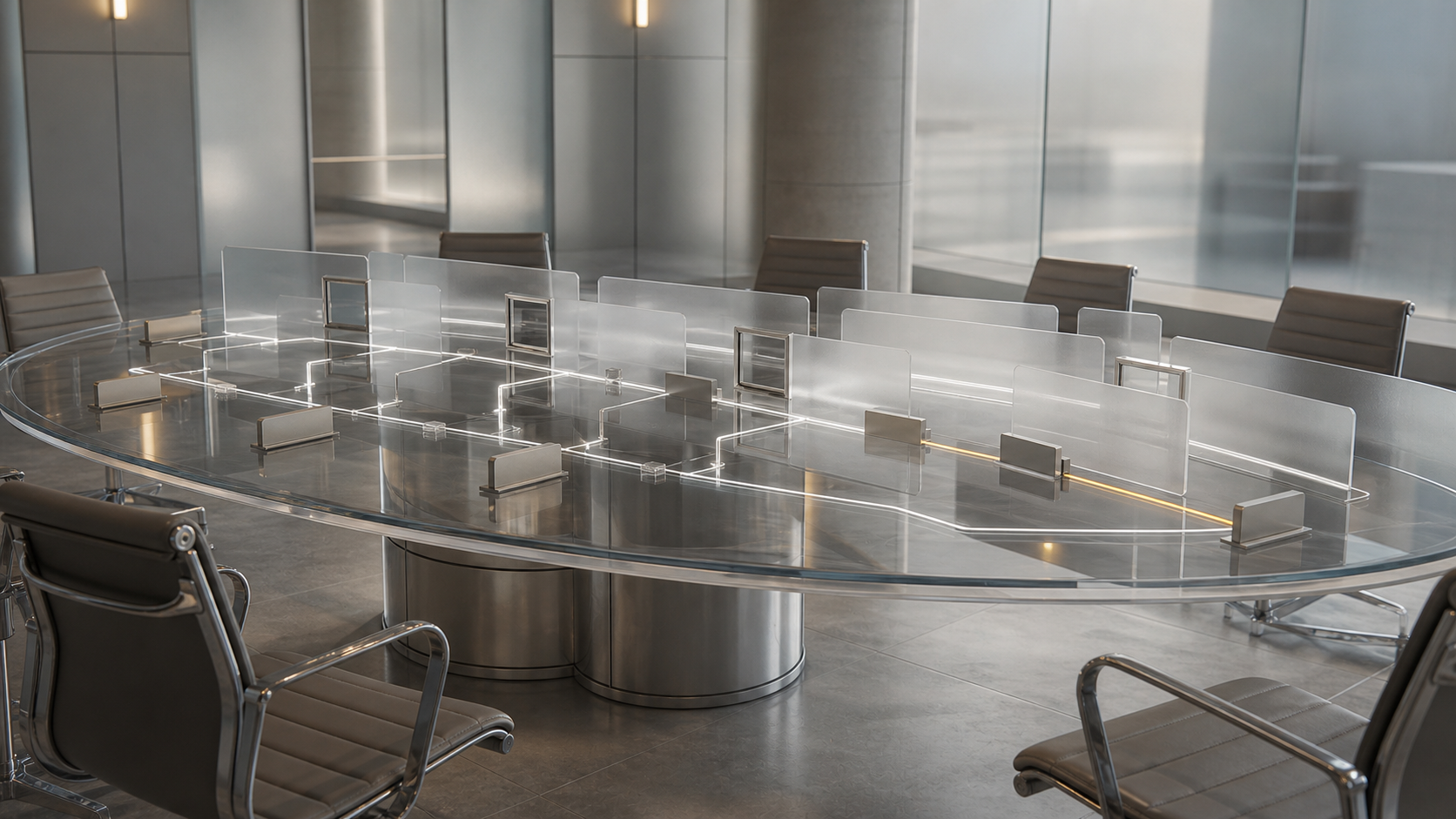 An unbranded governance chamber with an empty transparent committee table, blank role cards and translucent interest panes separated by frosted dividers, while controlled disclosure light lines and a recusal gap limit private-interest connections.