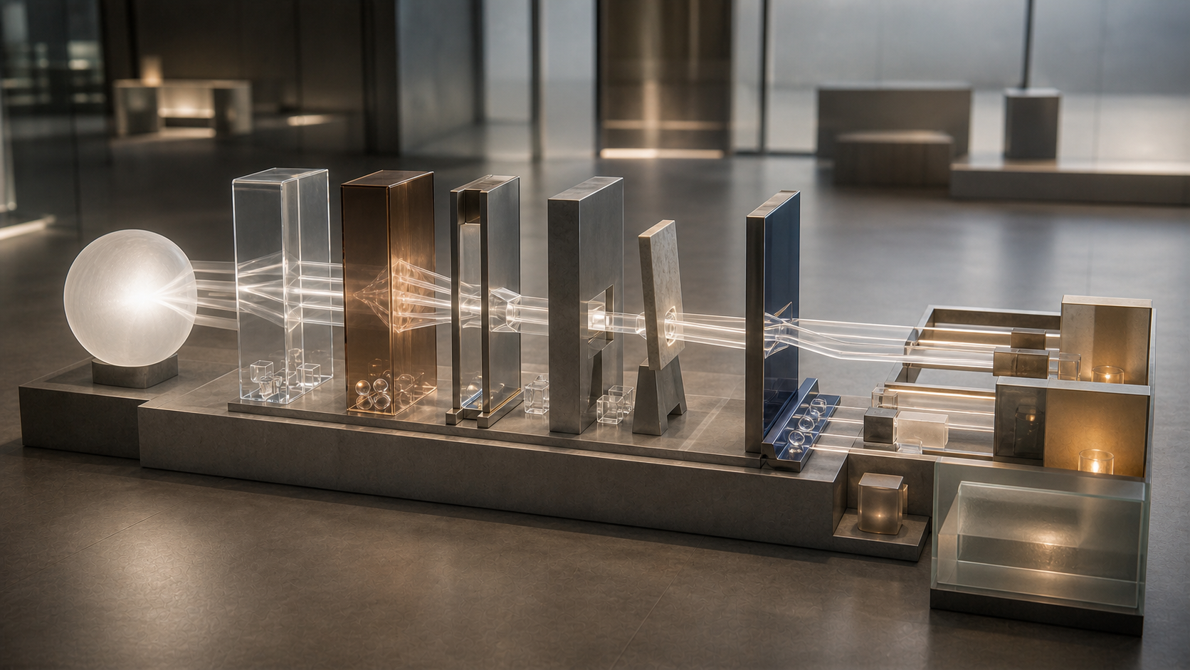 An unbranded problem-framing chamber shows one neutral translucent issue entering blank prisms and routing gates, then leaving through unequal remedy corridors with some voice alcoves open and others recessed.