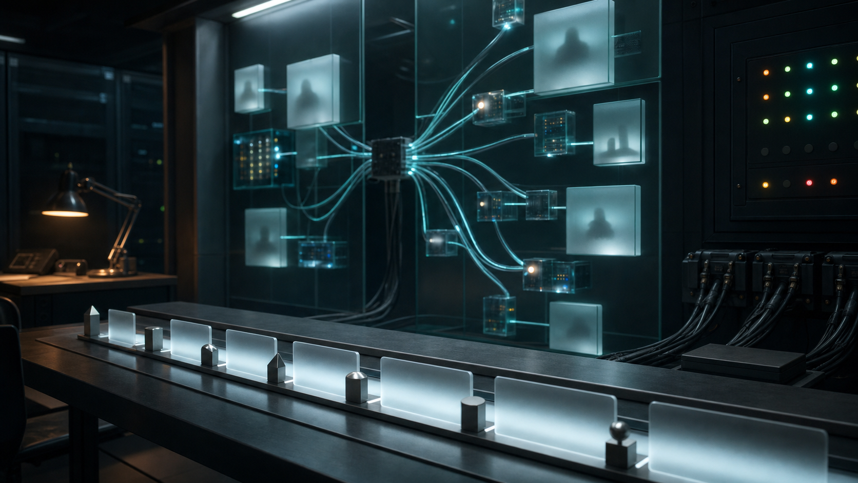 A cool-lit network evidence room shows a registry ledger rail and branching fiber paths, with some downstream nodes visible through privacy screens and others deliberately blurred.