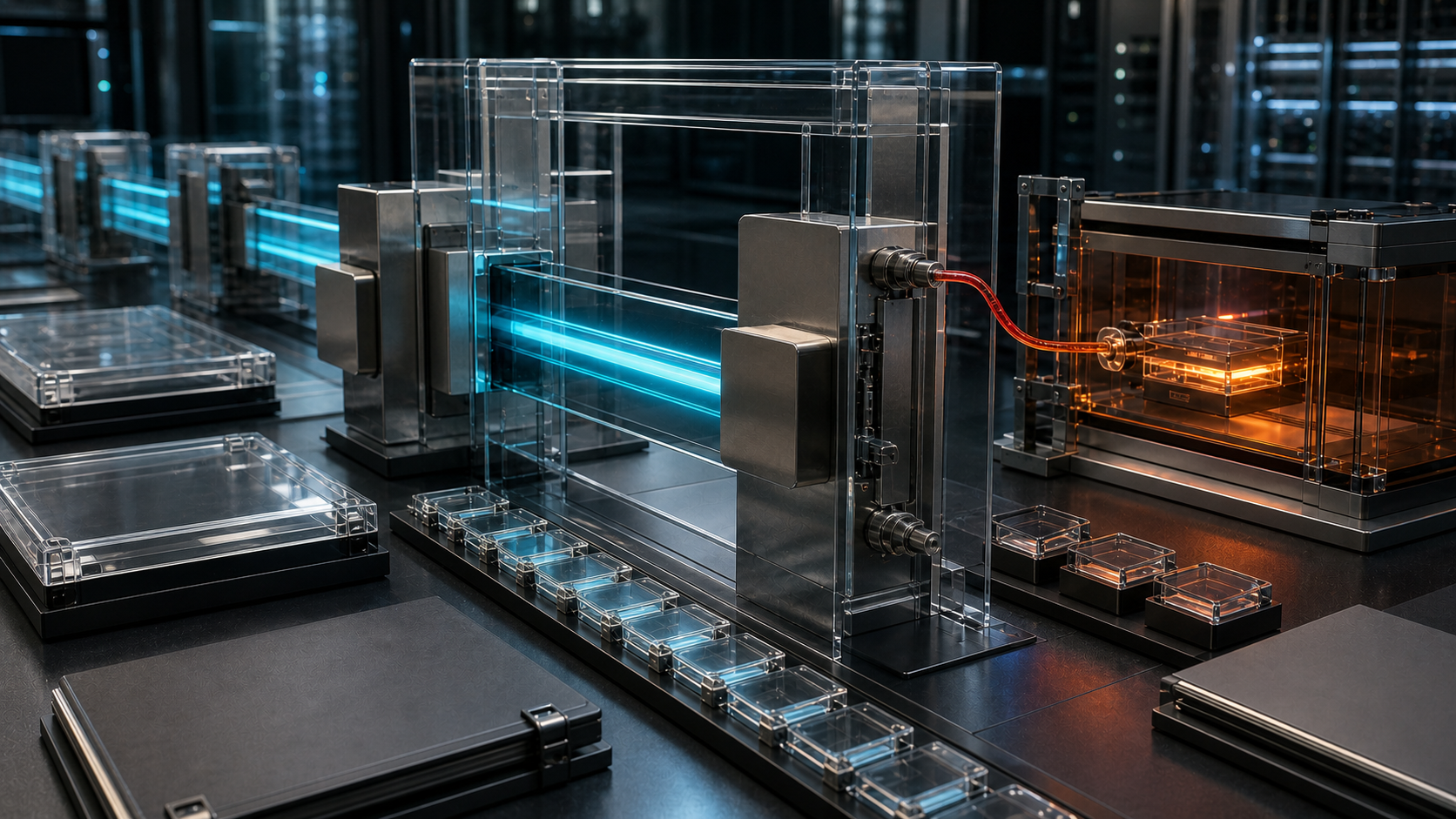 A secure registry operations room shows a cyan address-control rail protected by a transparent verification gate while an amber bypass cable is stopped by a clear interlock.