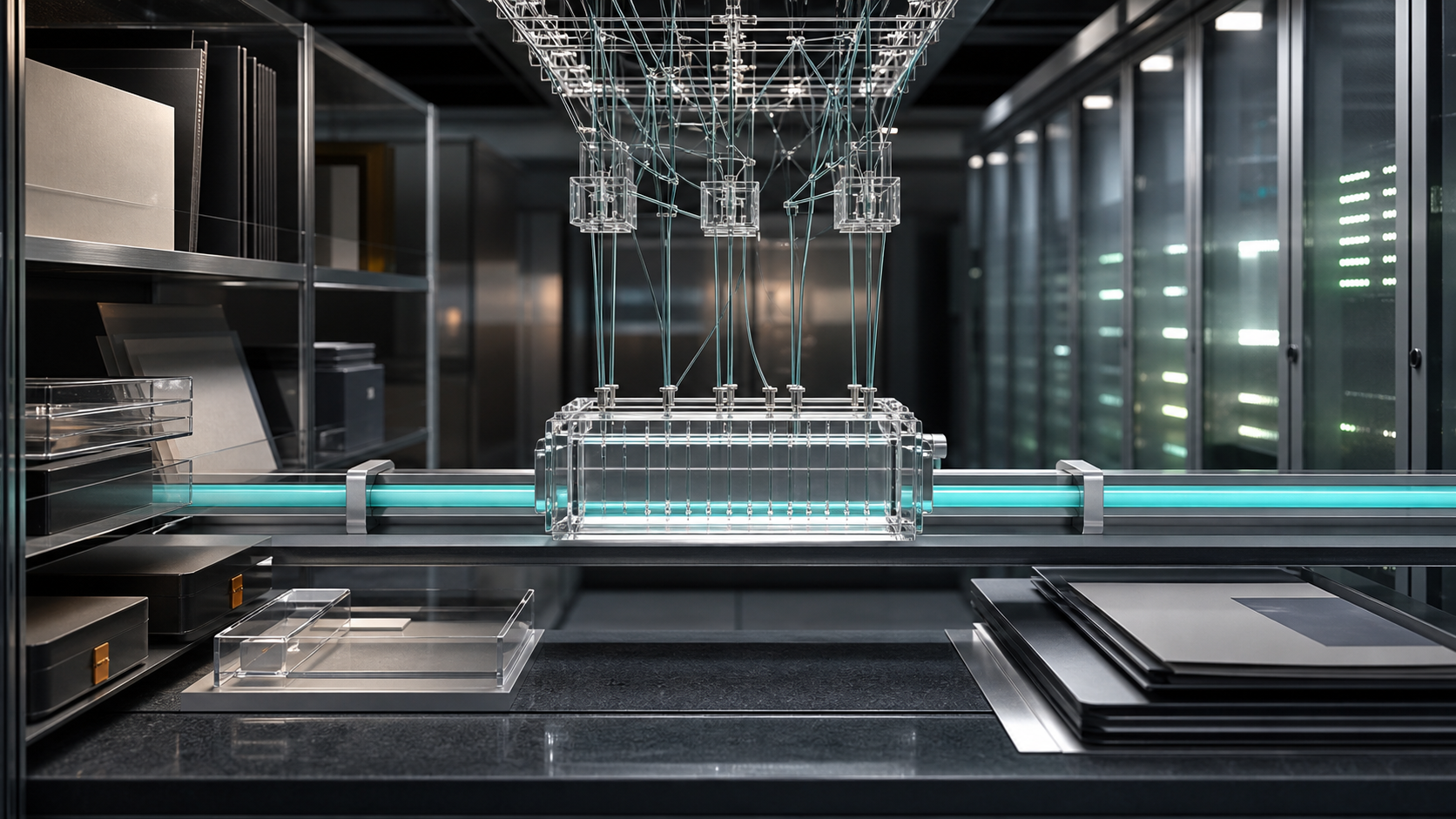 A graphite network evidence vault shows a transparent address cartridge on a cyan registry rail beneath a suspended route-origin validation lattice and blank due-diligence trays.