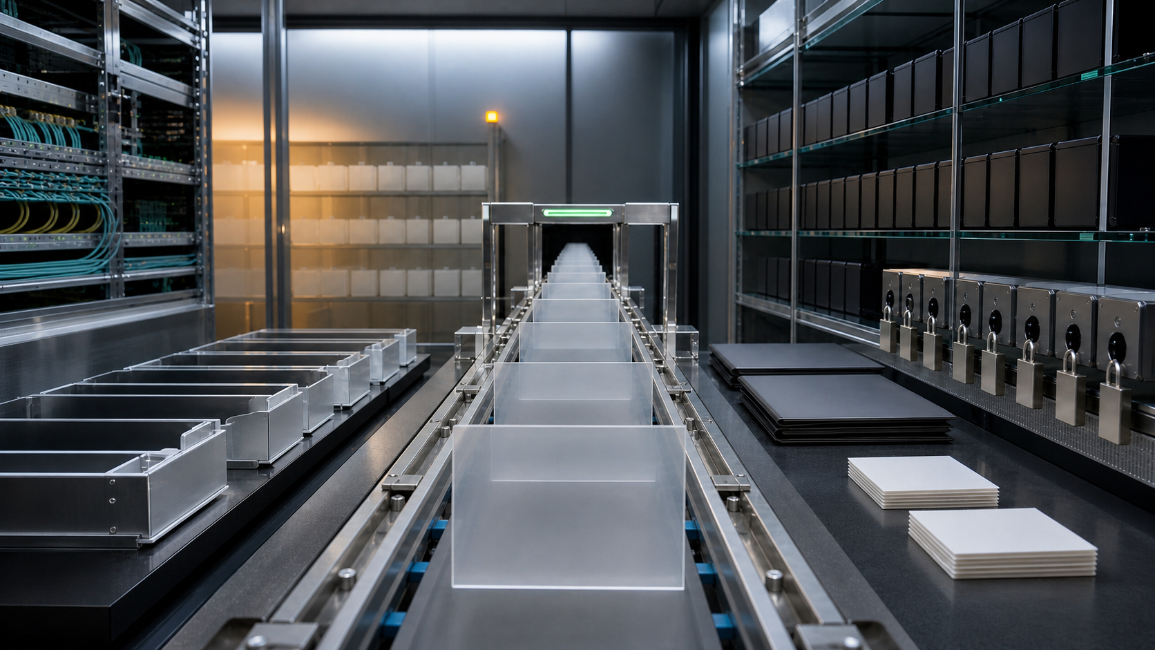A network acceptance room shows a blank route-registration rail feeding upstream filter gates, cloud onboarding slots and maintainer evidence trays without readable labels.