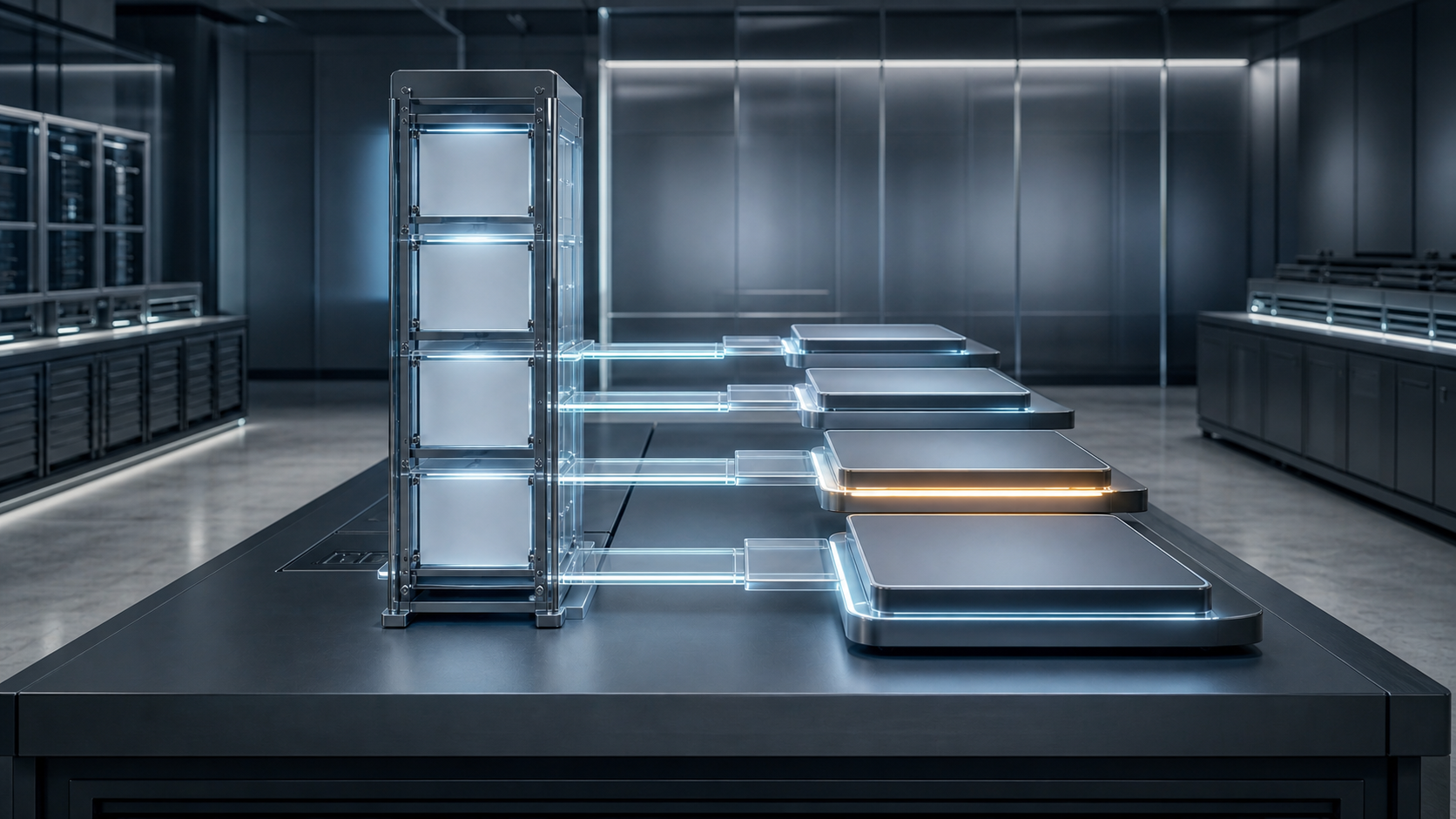 A photorealistic continuity-control room shows registry evidence blocks feeding service platforms through illuminated handover rails, with one amber recovery lane.