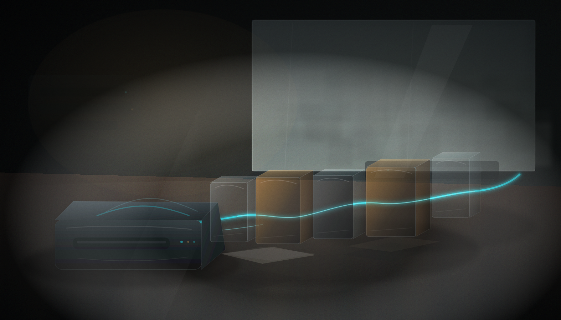 A dim photorealistic network finance bench shows a small router, stacked blank cost blocks and a thin cyan service line crossing uneven platforms without readable text.