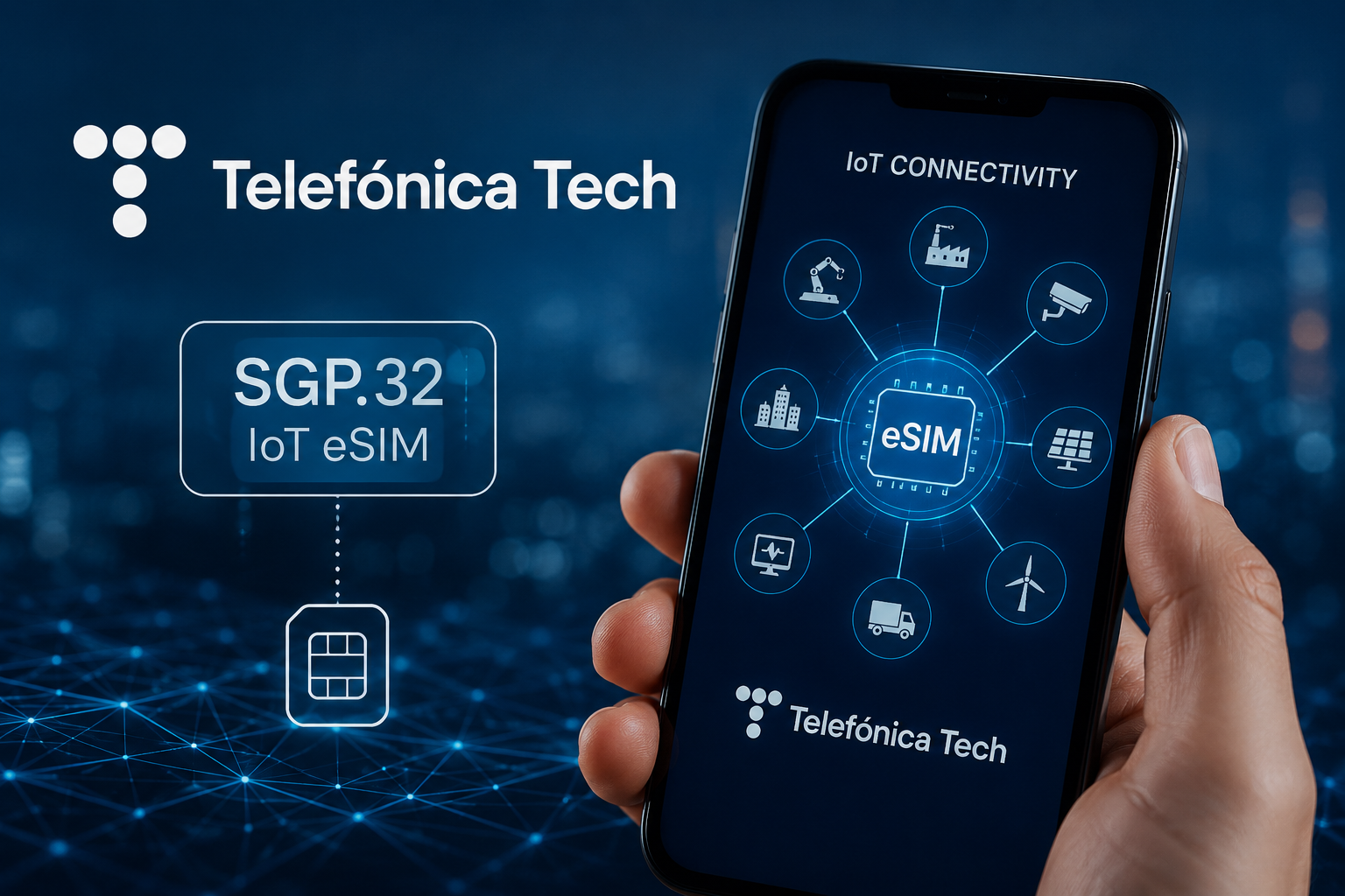 Illustration of Telefónica Tech's SGP.32 IoT eSIM service for remote connectivity management across multiple mobile networks