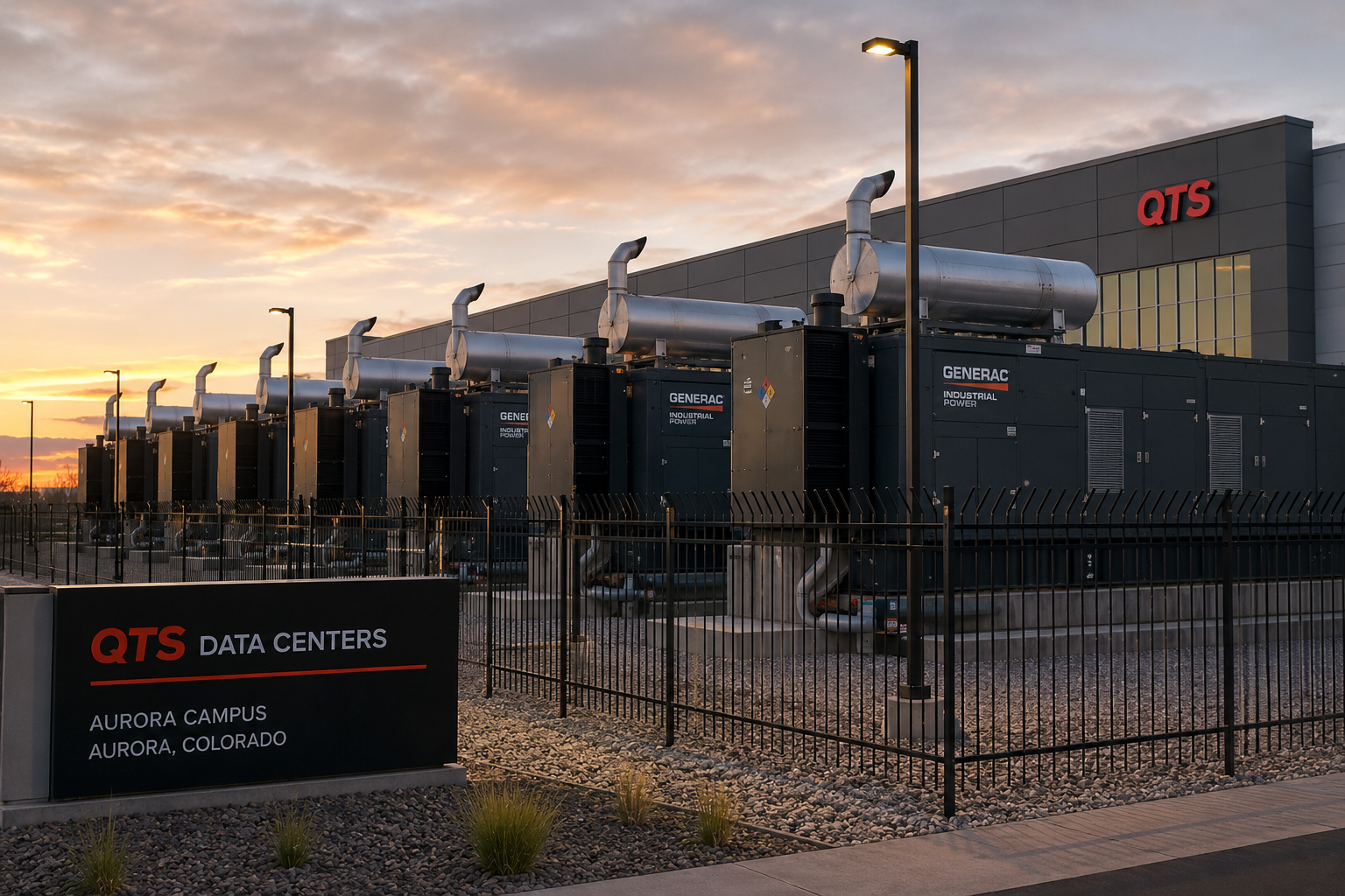 Backup diesel generators installed outside a QTS data centre campus in Aurora, Colorado