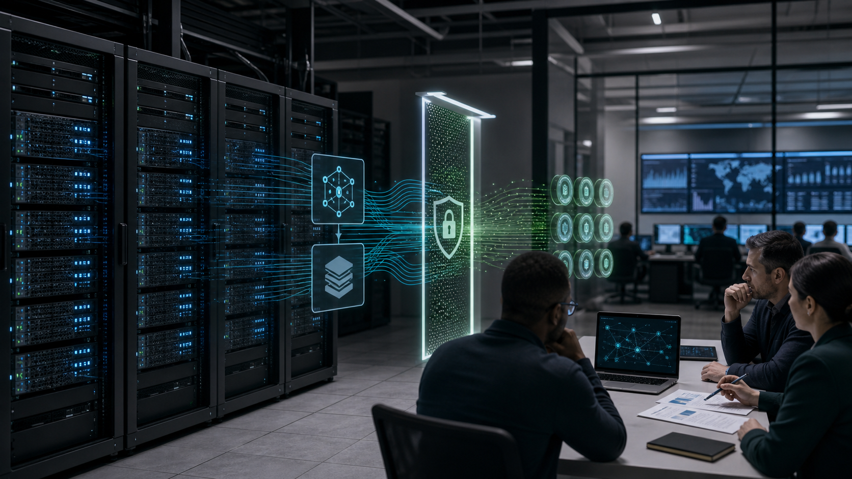 Editorial image of private enterprise AI workload operations, showing dedicated compute, model serving and governance boundaries without logos or dashboards.
