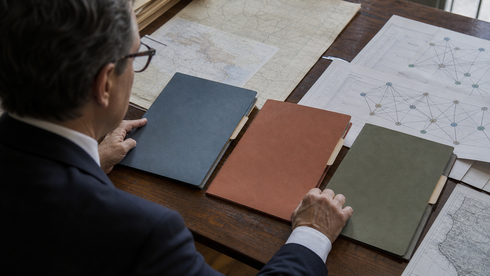 Legal counsel compares three differently coloured closed document folders beside blurred network maps and technical diagrams on a governance desk.