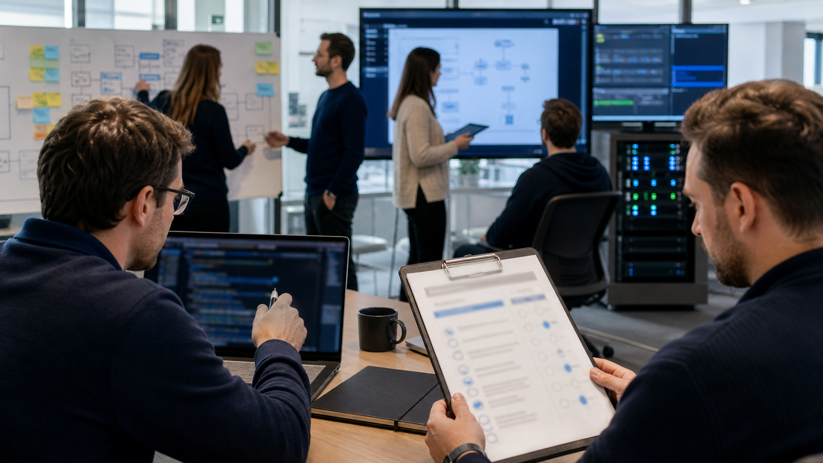 Editorial image of a software delivery handoff with QA review, deployment planning, integration screens and accepted change evidence.