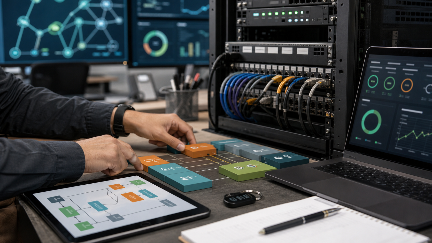 Editorial image of Edge4M infrastructure change management with rack patching, migration blocks and monitoring controls.