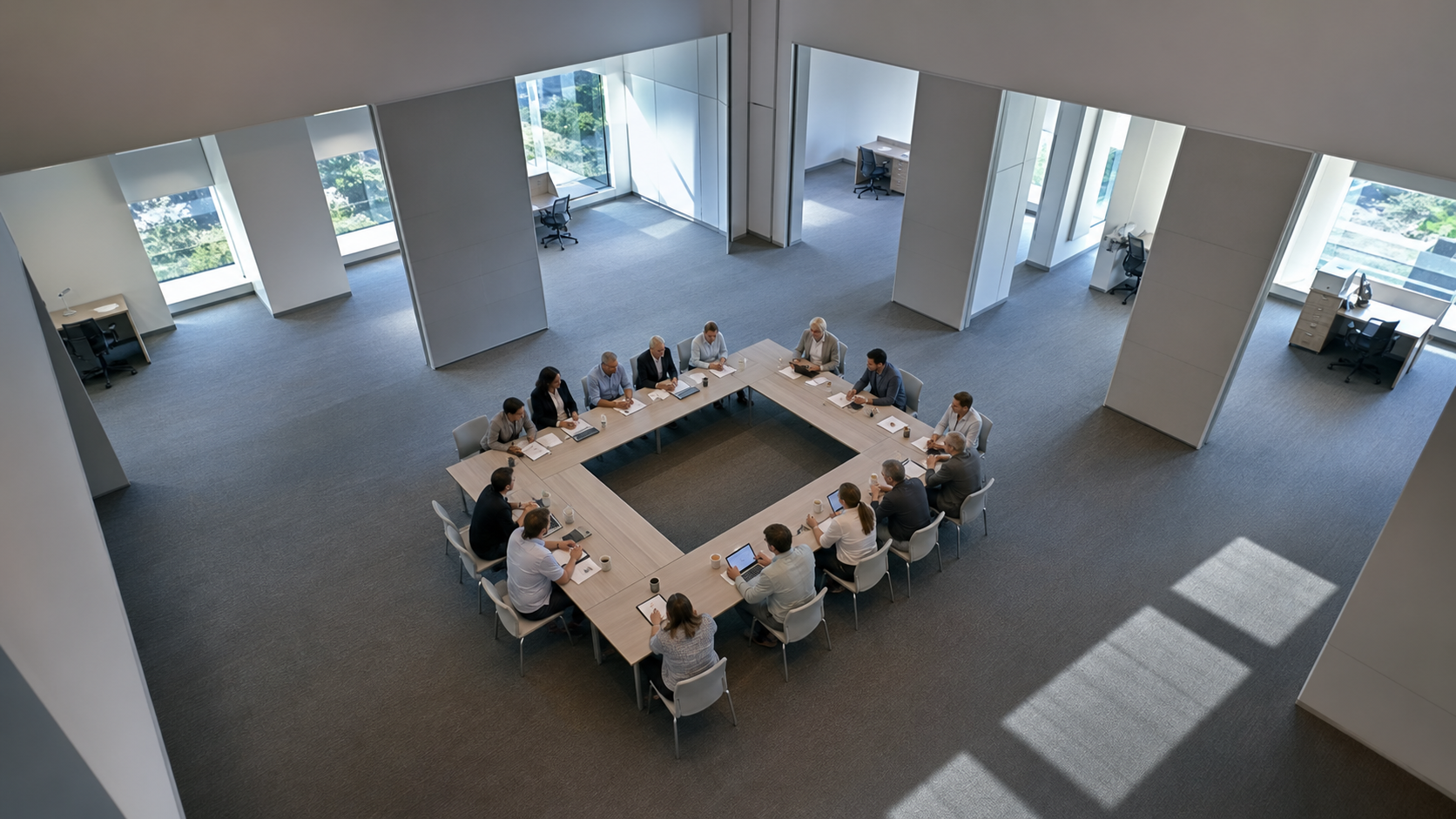A hybrid policy forum is seen from above with visible empty paths connecting distant participants to an open central table.