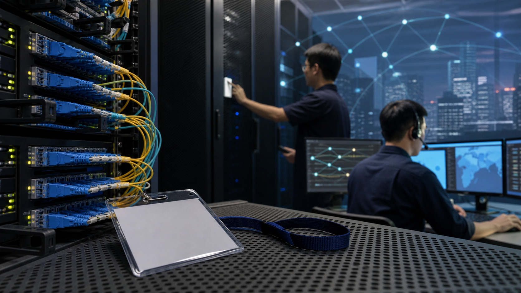 Singapore colocation room with fiber patch panels, blank access badge and operations staff, showing managed connectivity and cross-connect verification.