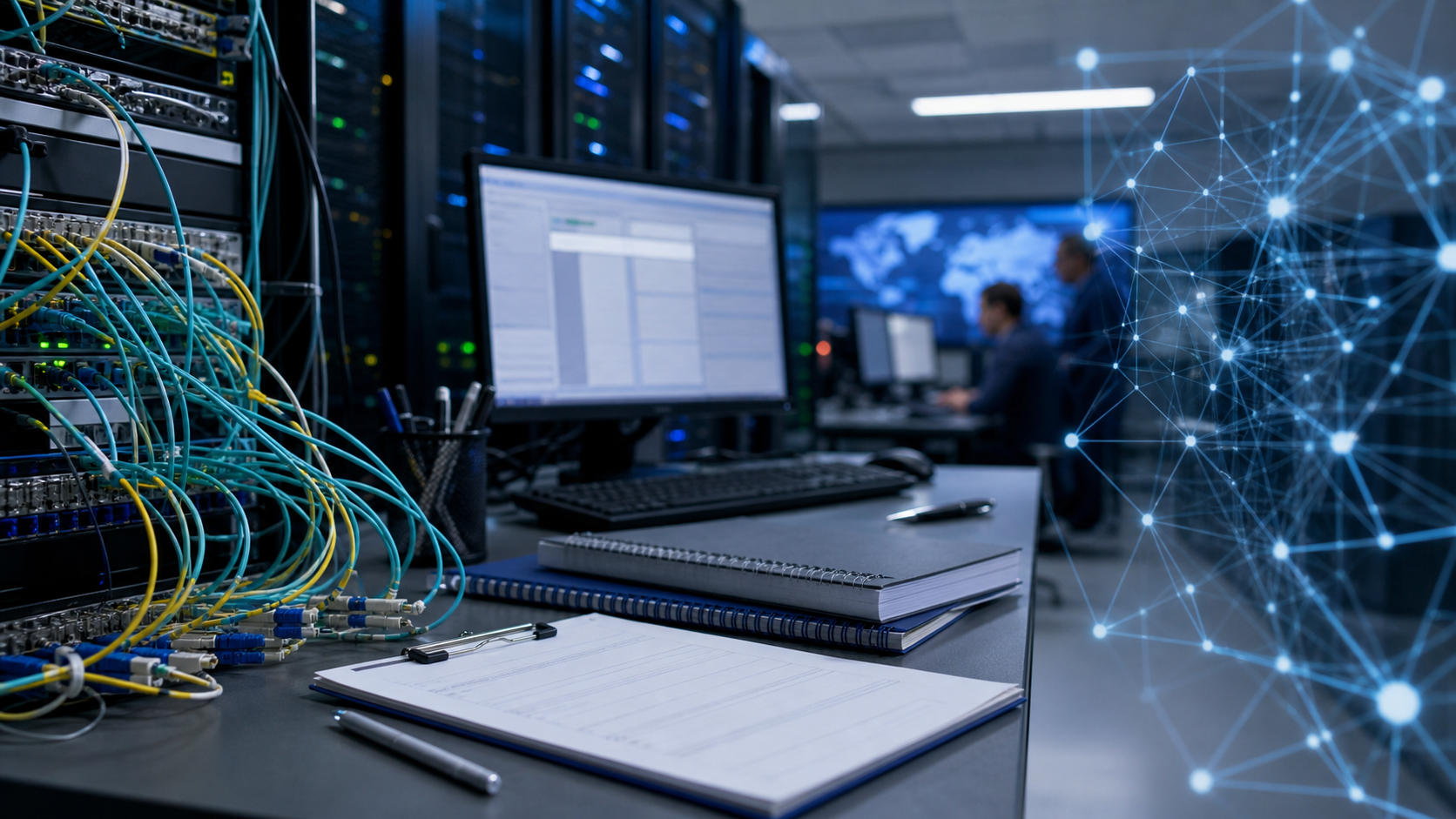 Research-network operations room with fiber patch panels, blurred computing terminal and abstract network-resource lines.