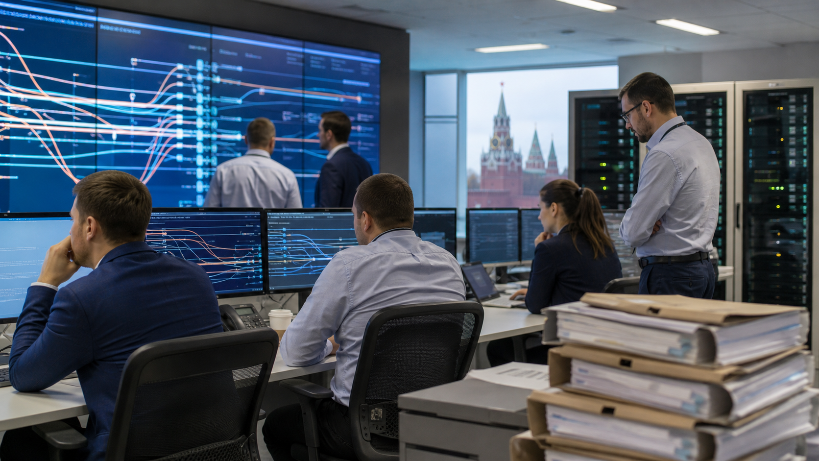 Payment-operations staff monitor abstract transaction flows during a banking infrastructure migration.