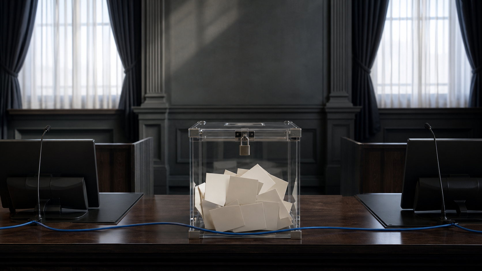 A sealed transparent ballot vessel sits between two empty workstations under calm judicial light, with a fibre cable continuing through the scene.