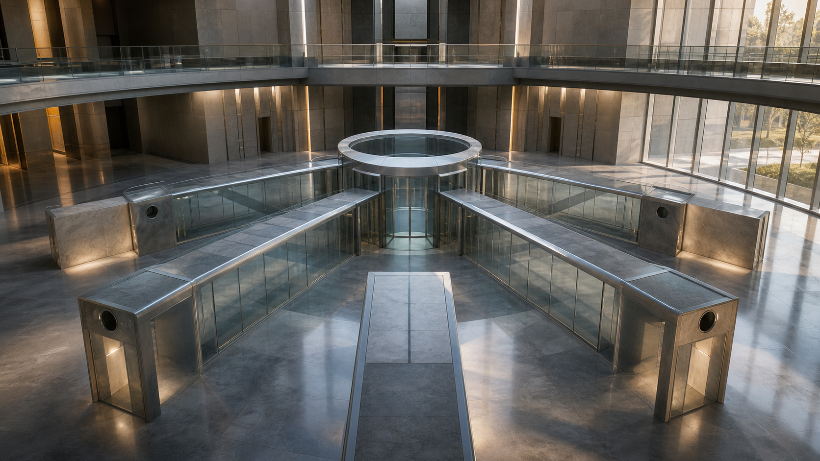 A photorealistic civic verification hall with several transparent voting-control passages converging beneath an independent observation bridge before reaching a sealed central chamber.