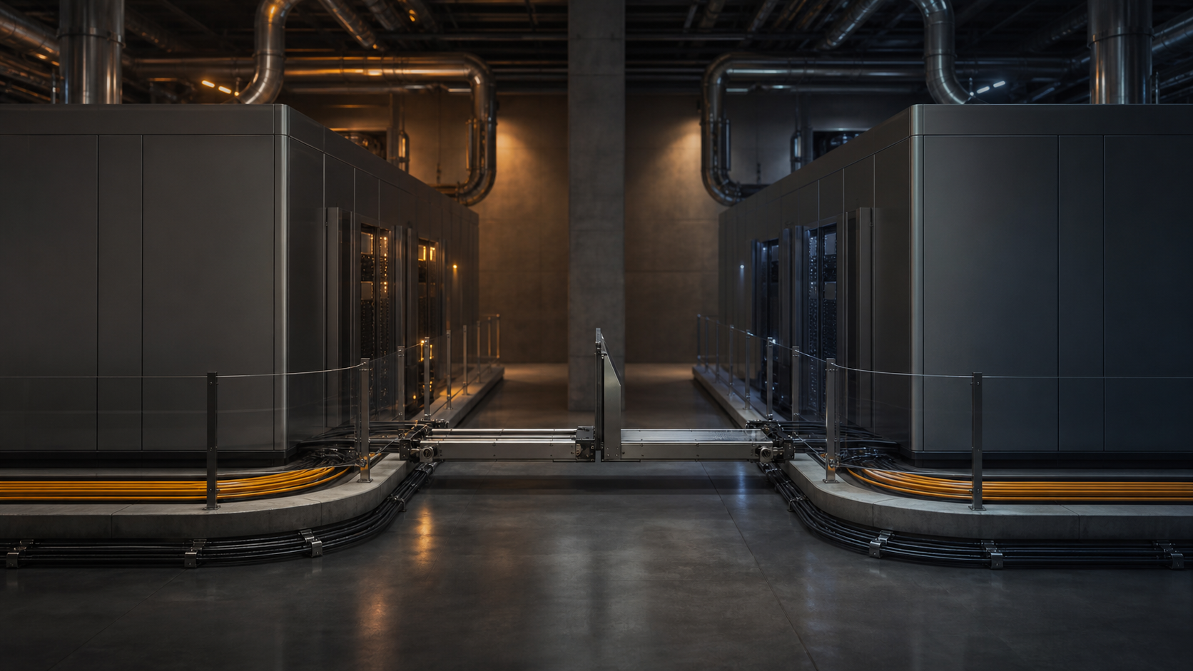 A photorealistic primary and standby network facility linked by redundant fiber, with the transfer path paused at a clearly separated mechanical authorization gate.