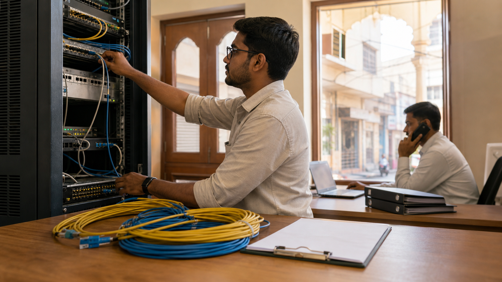 Editorial image of an Indian regional network-service office with rack cabling, support handoff and account folders.