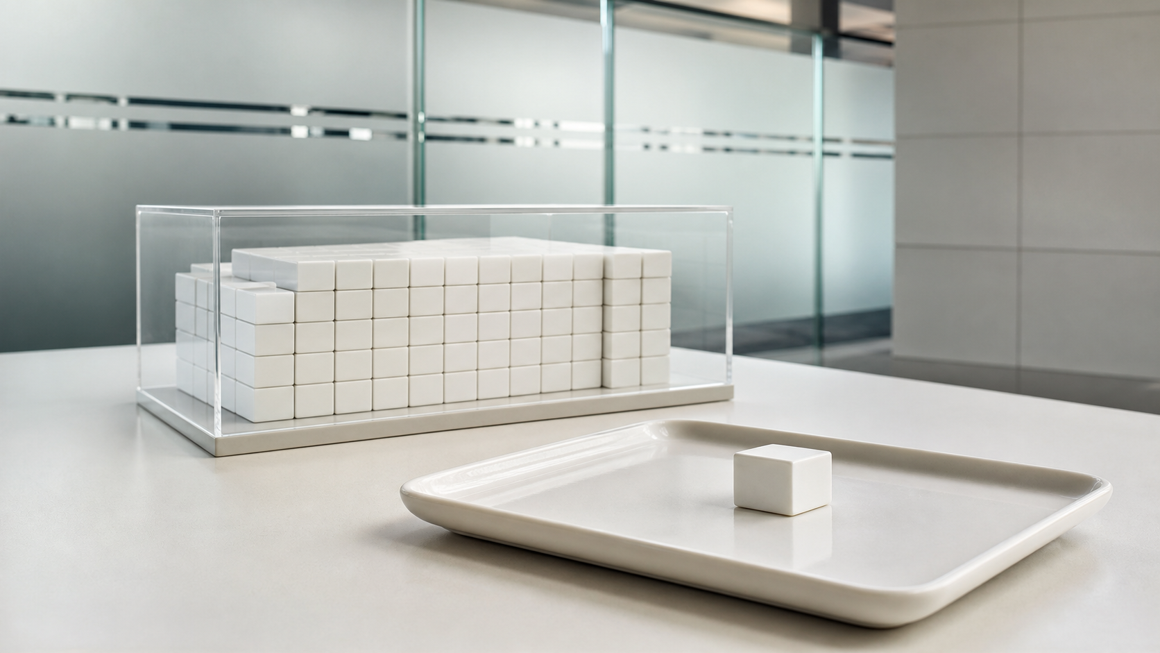 A transparent reserve case of blank white blocks with one isolated blank block on a clean tray in a neutral registry office.
