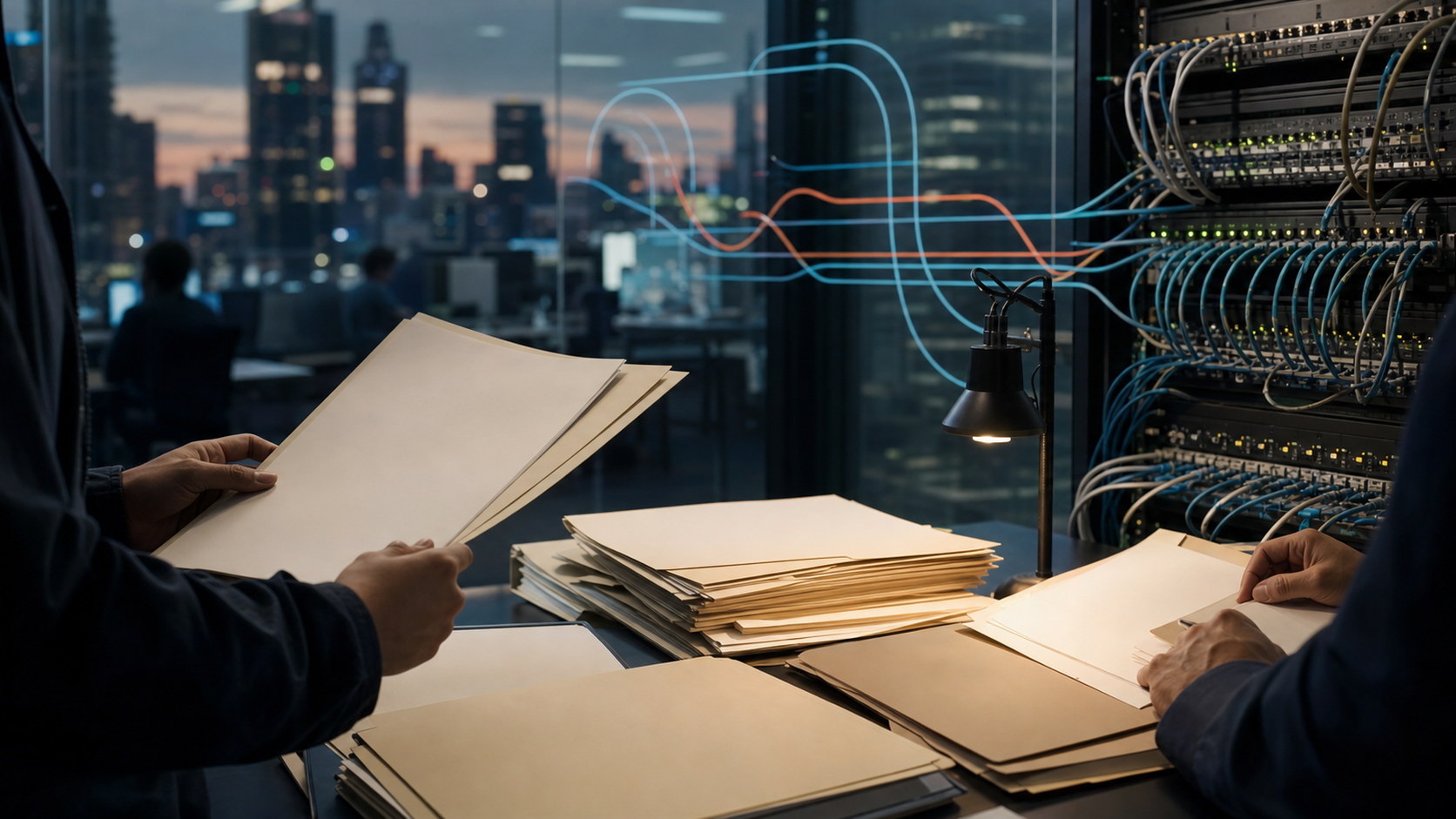 Editorial image of local network operations with blank records, cables and support-desk ambience.