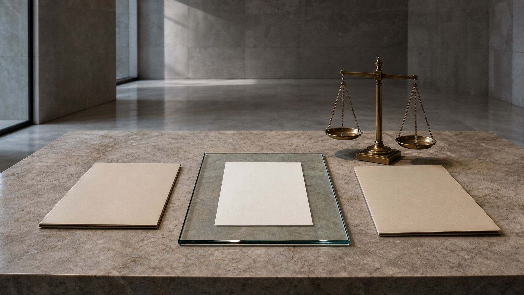 Photorealistic blank white paper under glass beside blank folders and a brass balance scale on a stone policy table.