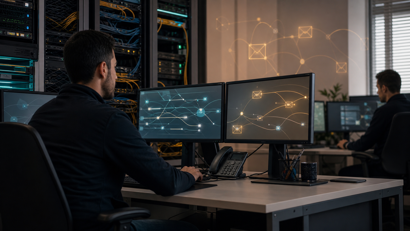 A Turkish network operations workspace with server racks, support desks and abstract mail and routing signals.