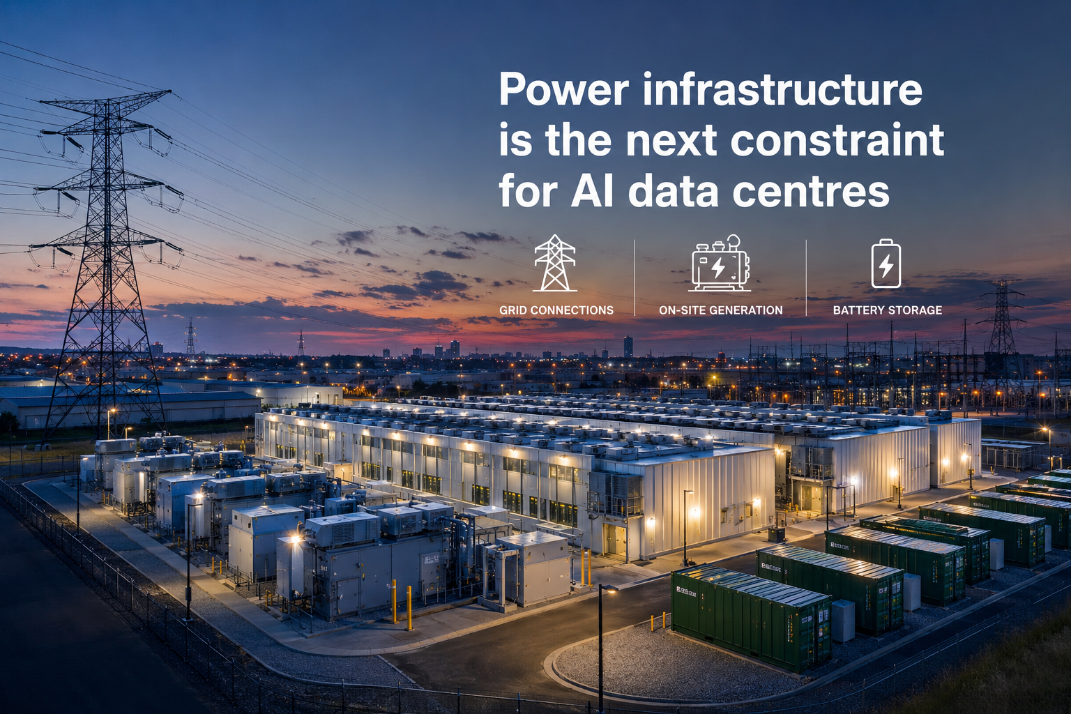 A modern AI data centre with high-voltage transmission lines, on-site power generation and battery storage, illustrating power infrastructure challenges.