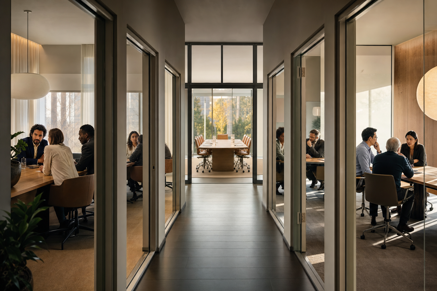 Five separate discussion tables occupy adjoining rooms while an empty board chamber remains visible beyond a quiet glass threshold.