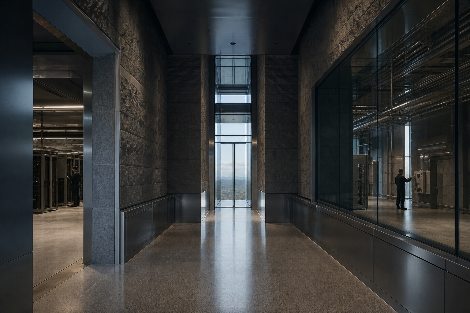 Photorealistic editorial scene of several secure service corridors converging on one precisely illuminated glass threshold in a restrained data facility.