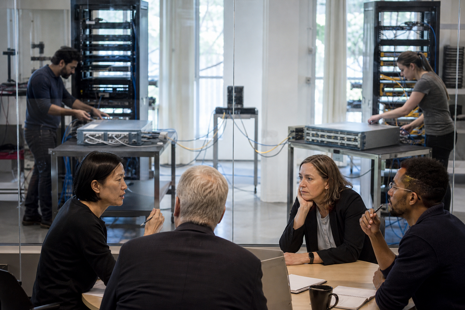 Photorealistic editorial scene showing independent network engineers testing two unbranded routing systems while a separate policy group studies the observed results across a glass partition.