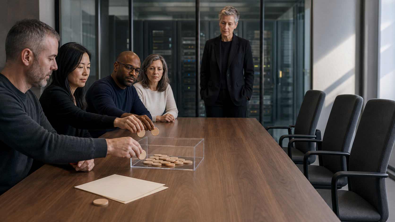 Anonymous network operators place unmarked tokens under independent observation while untouched empty chairs remain outside the recorded decision.