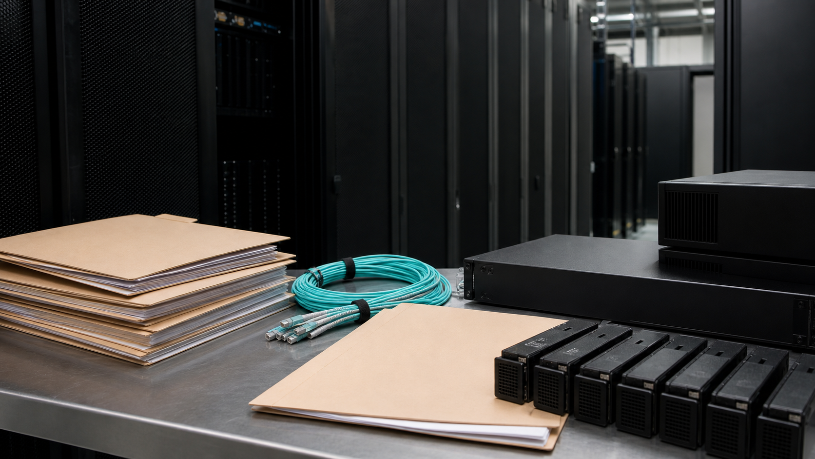 Editorial image of blank data-centre records, fiber cables and unmarked hardware for WESTCLOUDDATA review.