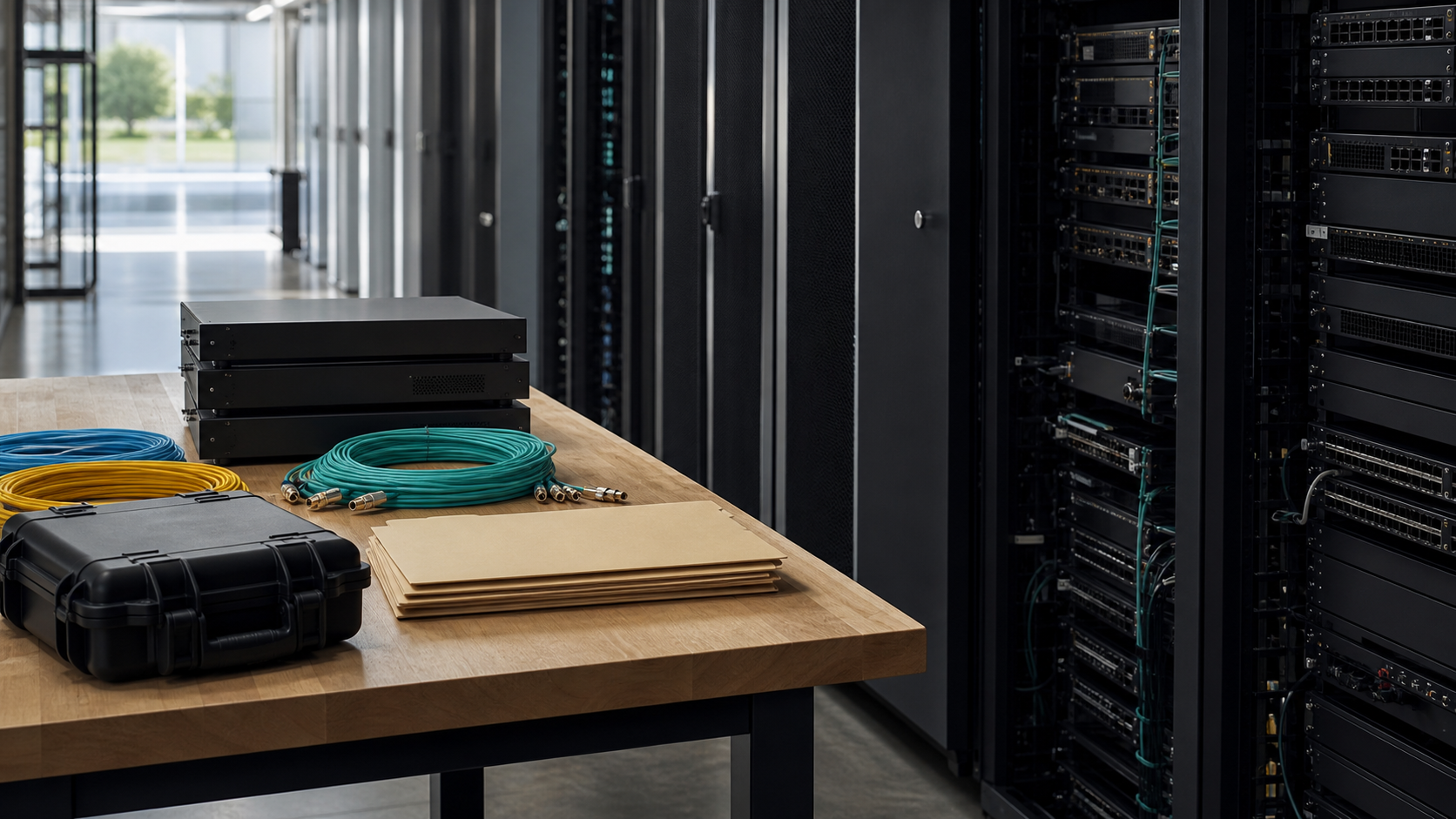 Unbranded network appliances, fiber coils and blank folders on a colocation workbench for a SpeedyCloud infrastructure evidence review
