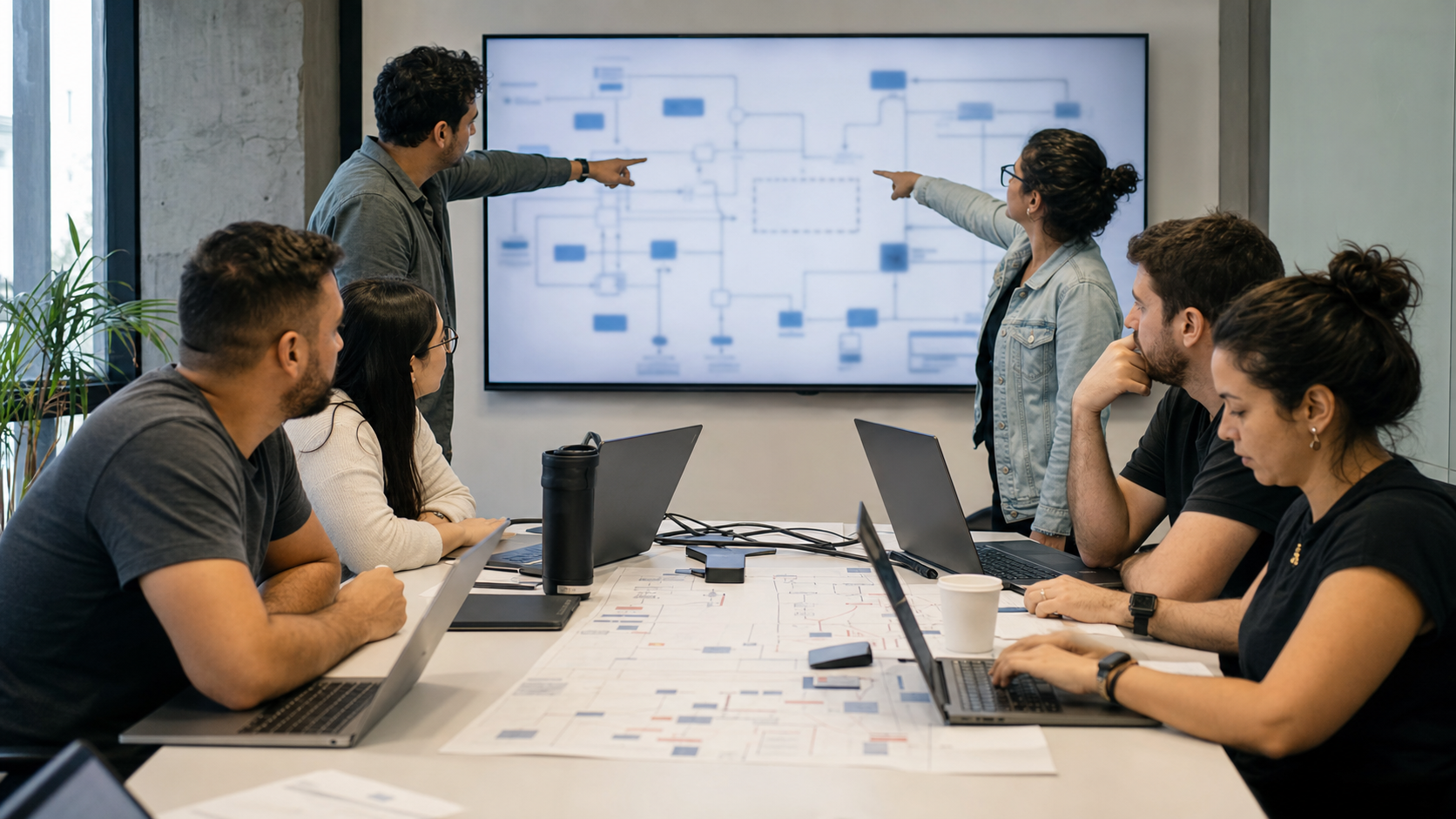AI-generated editorial reconstruction of a Brazilian transformation team identifying an unresolved system handoff in an incident room.