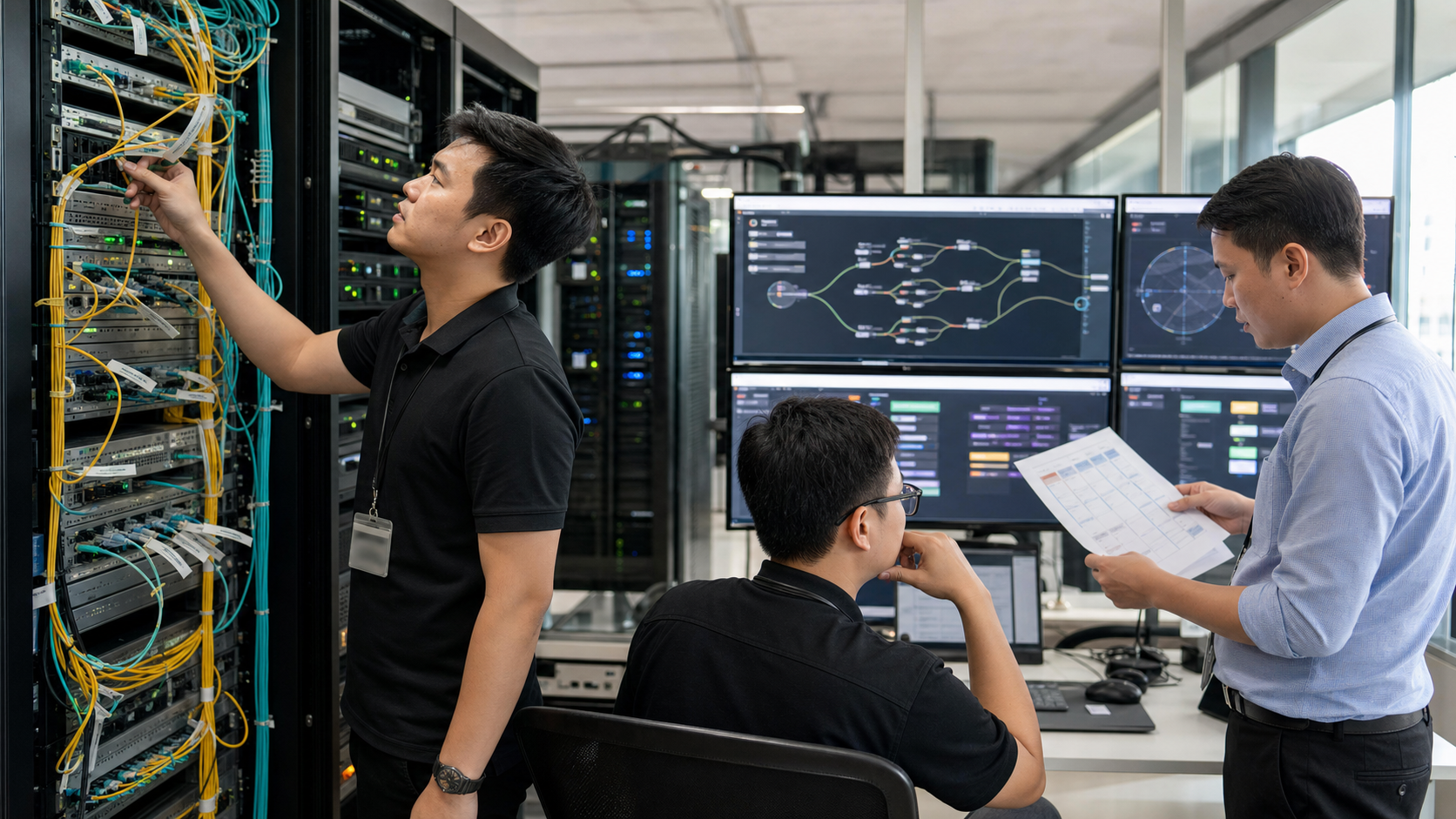 AI-generated editorial reconstruction of a Vietnamese operations team tracing a customer service across fibre, edge security and cloud infrastructure.