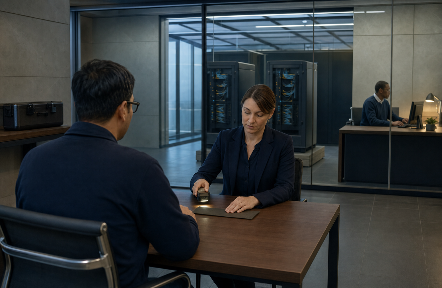 Small network operator and trained reviewer complete an attended verification at an unmarked desk with separate service cabinets and an alternative staffed route behind glass.