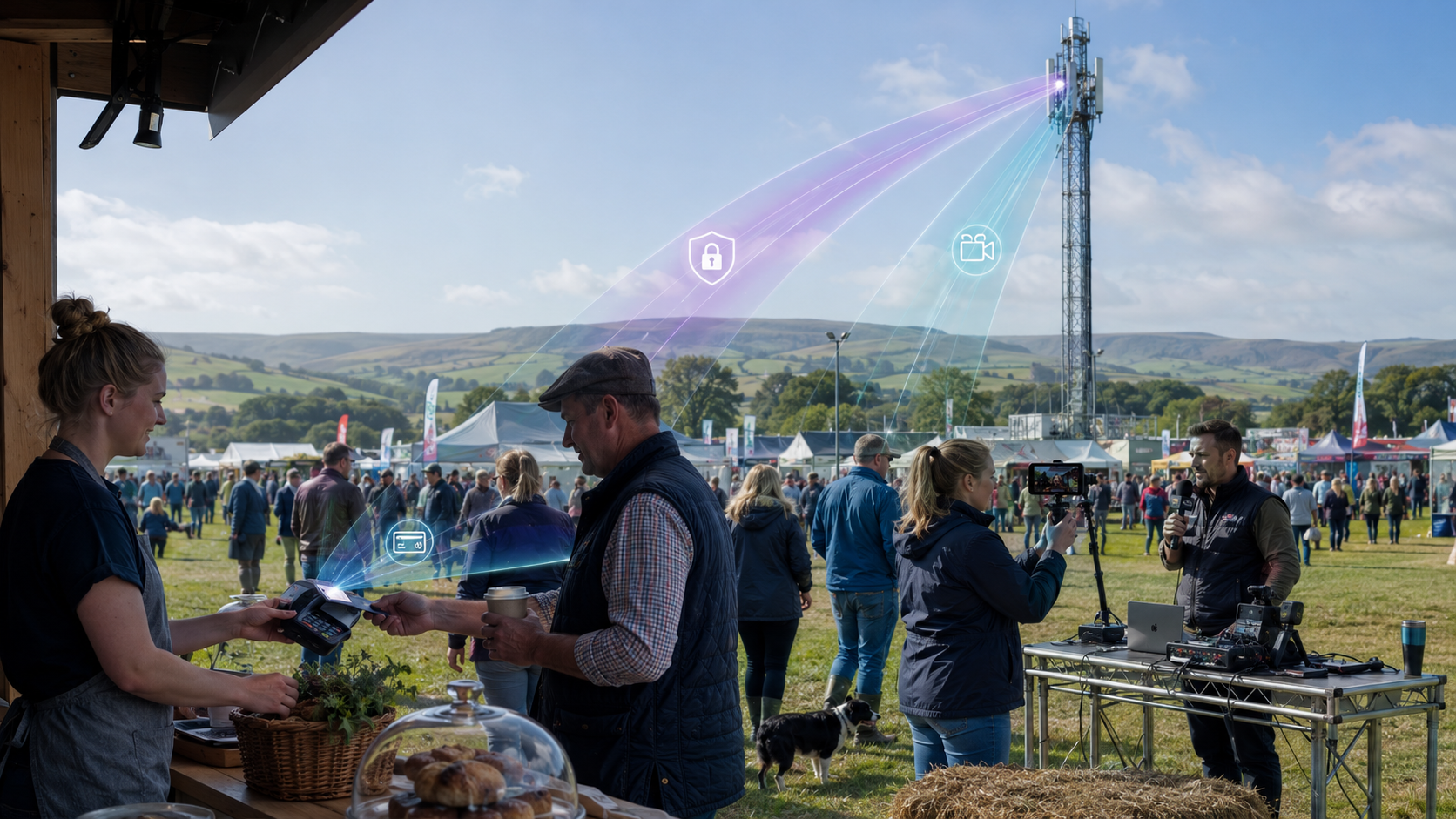 Mobile mast serving a crowded agricultural show as a vendor takes a card payment and a media team livestreams
